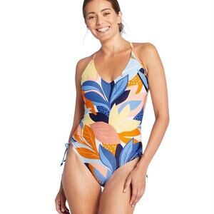Kona Sol Womens XL (16) Tropical Print Shirred Medium Coverage OnePiece Swimsuit